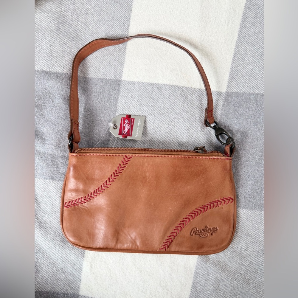 NWT / Rawlings Brown Leather Clutch Wristlet Purse with Baseball Stitching